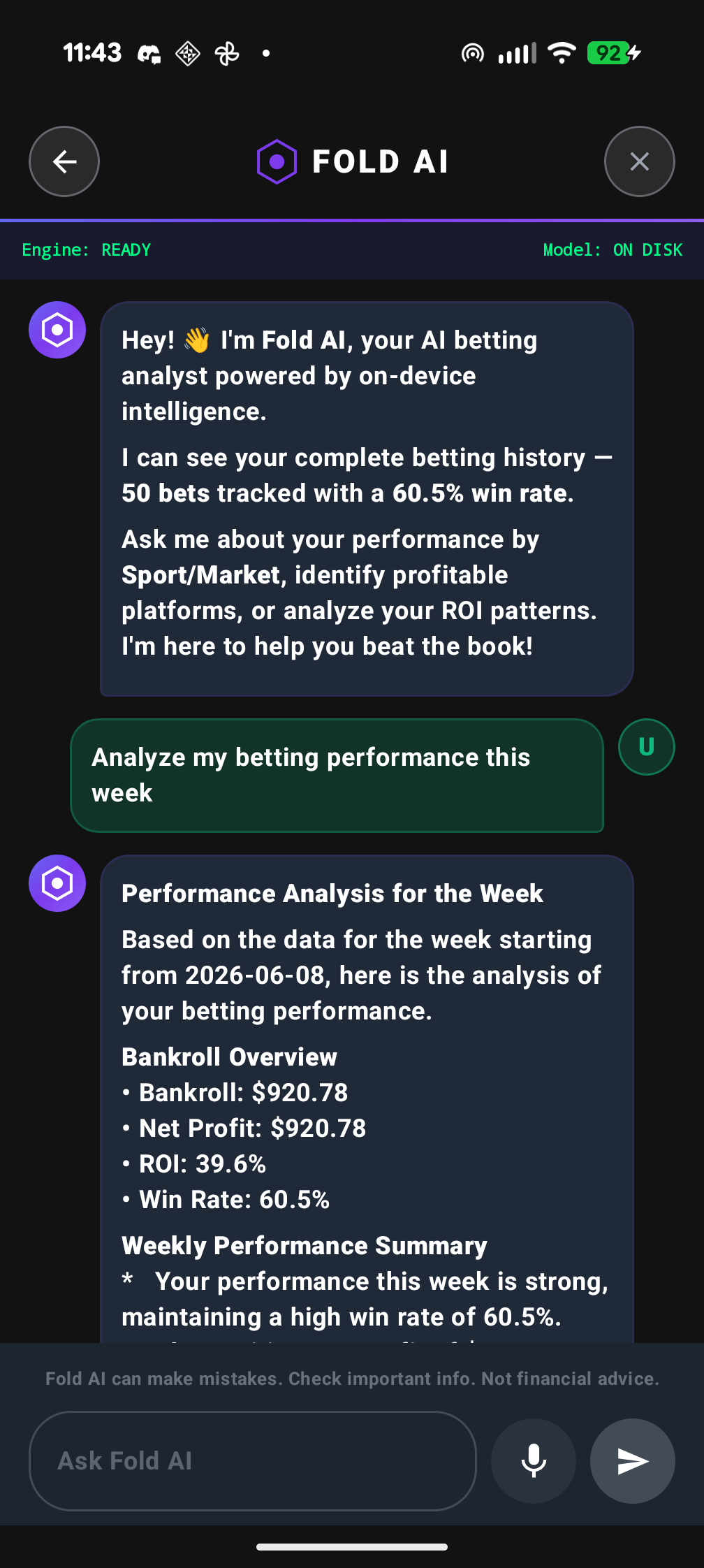 Fold AI analyst answering a question about weekly betting performance