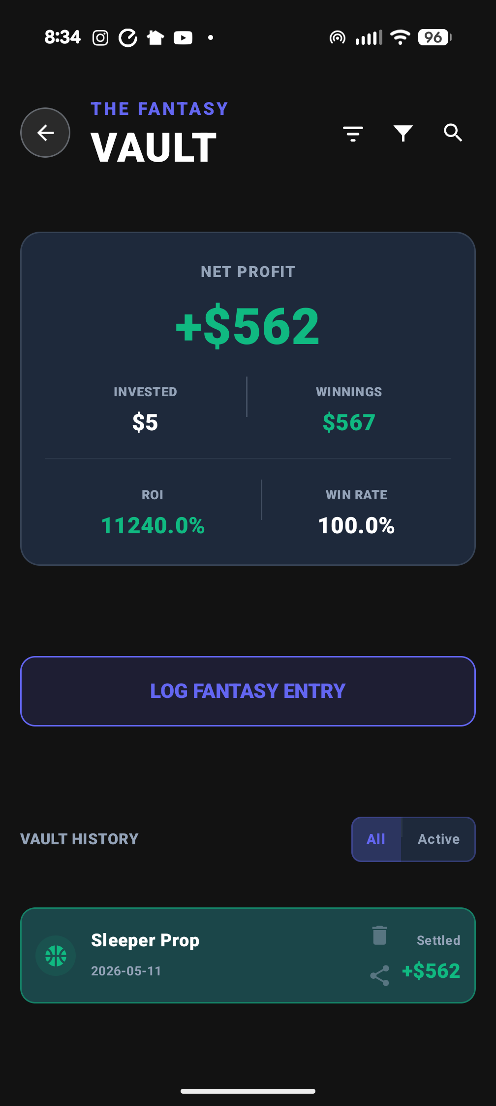 Fold Fantasy Vault tracking DFS and player prop entries
