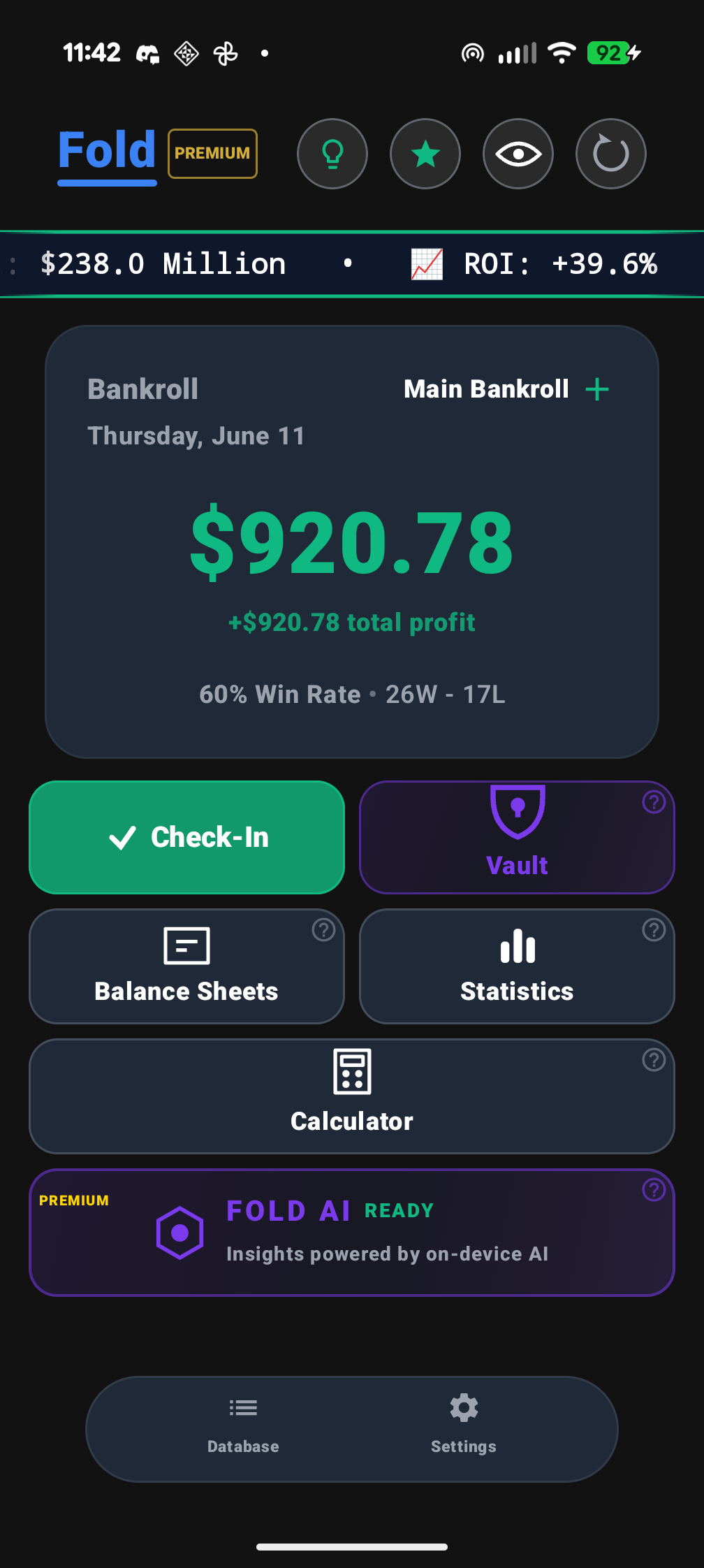 Fold main menu showing bankroll, check-in, vault, balance sheets, statistics and the AI analyst